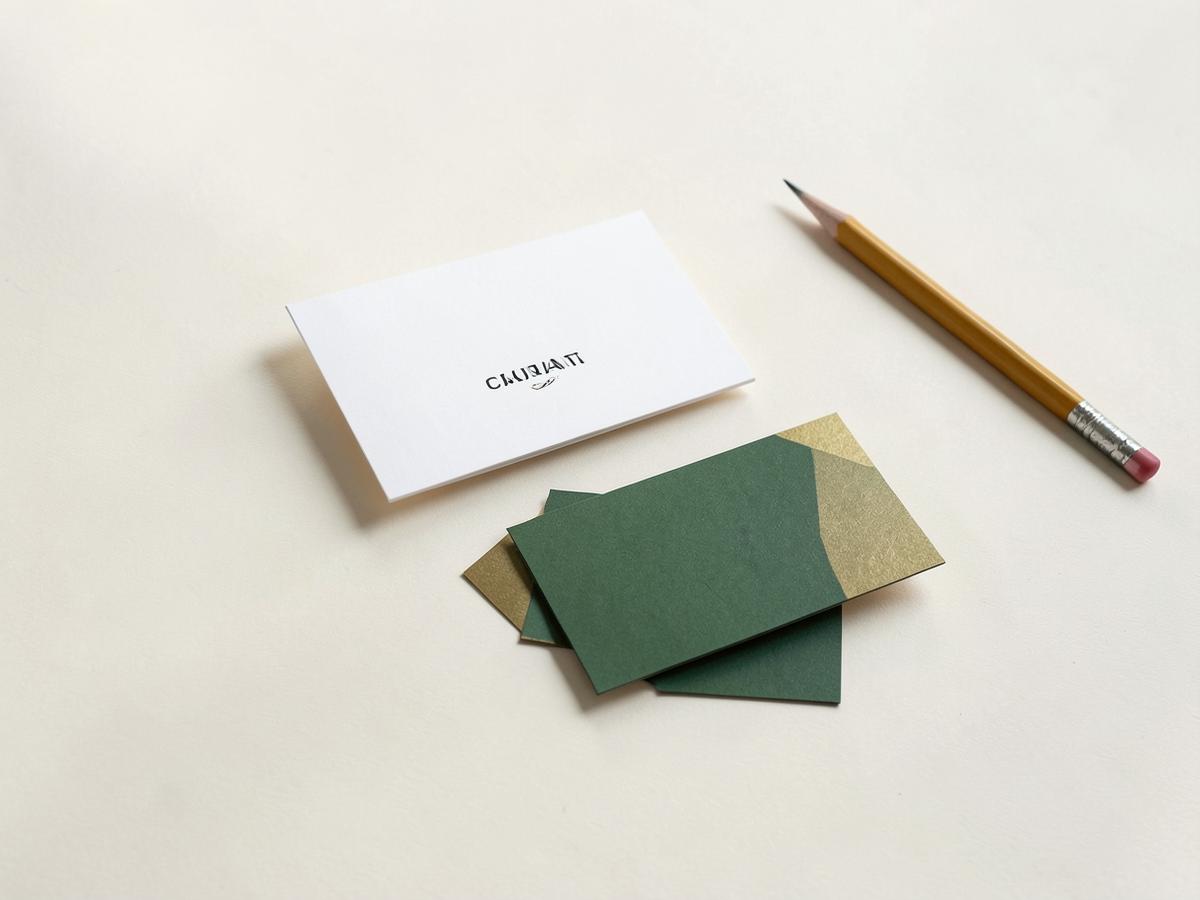 Business cards in deep green and gold on a warm neutral surface