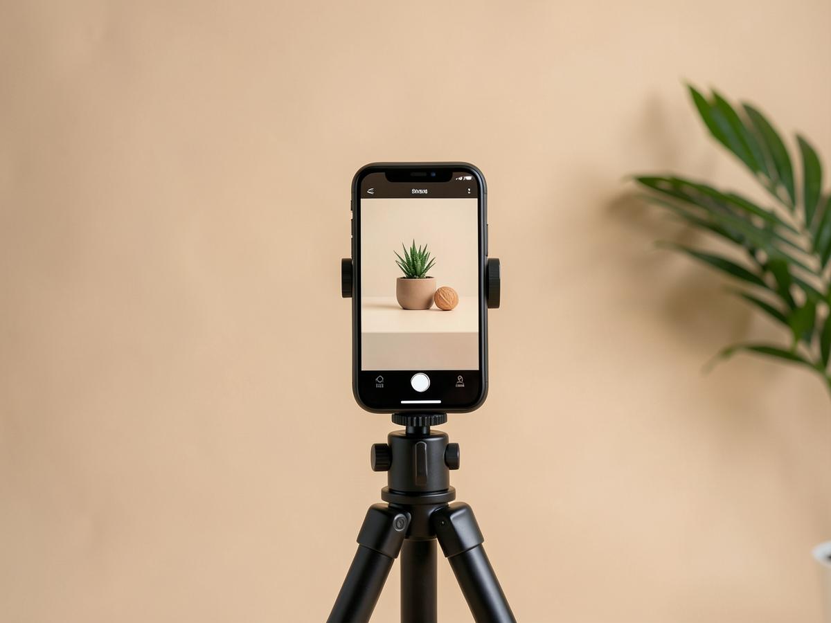 Smartphone on a tripod filming a simple styled product scene