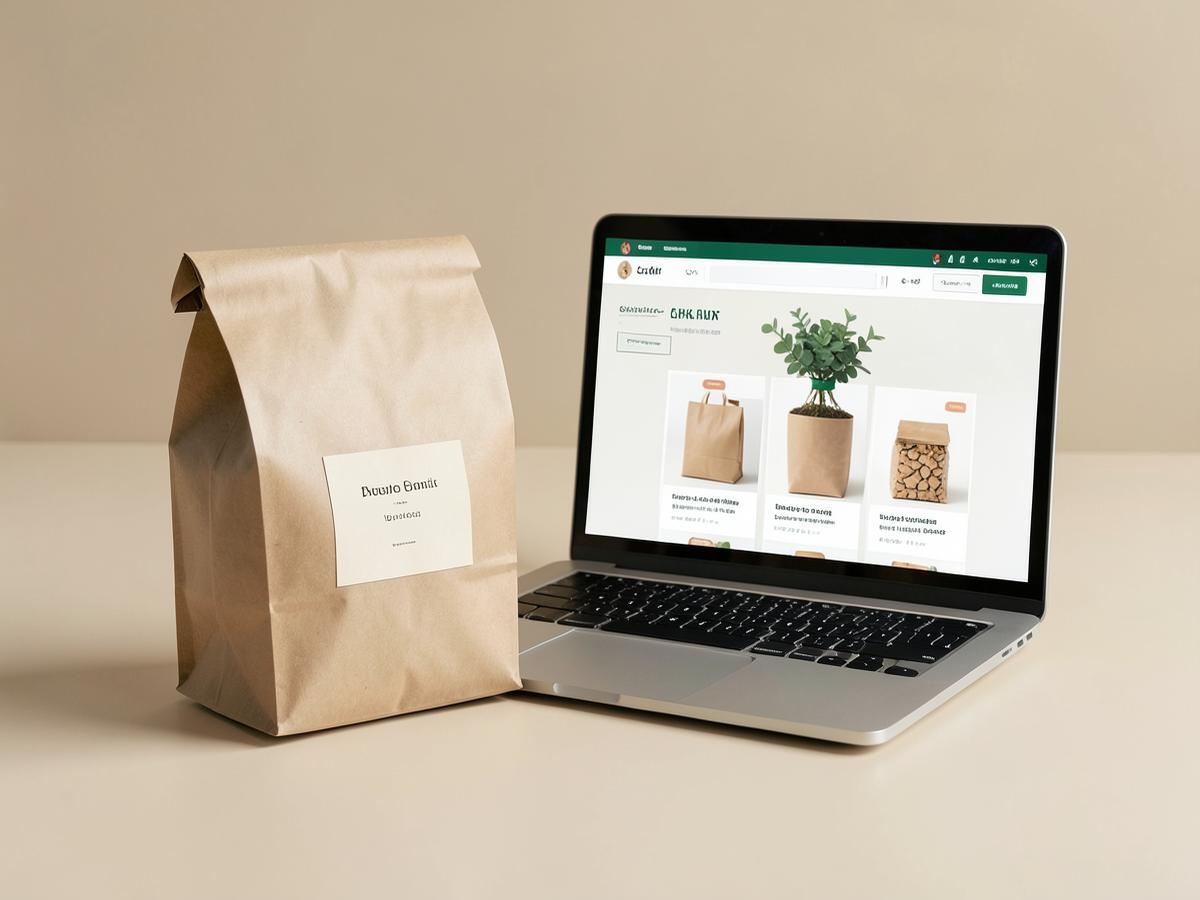 Kraft parcel beside a laptop showing a simple online shop page