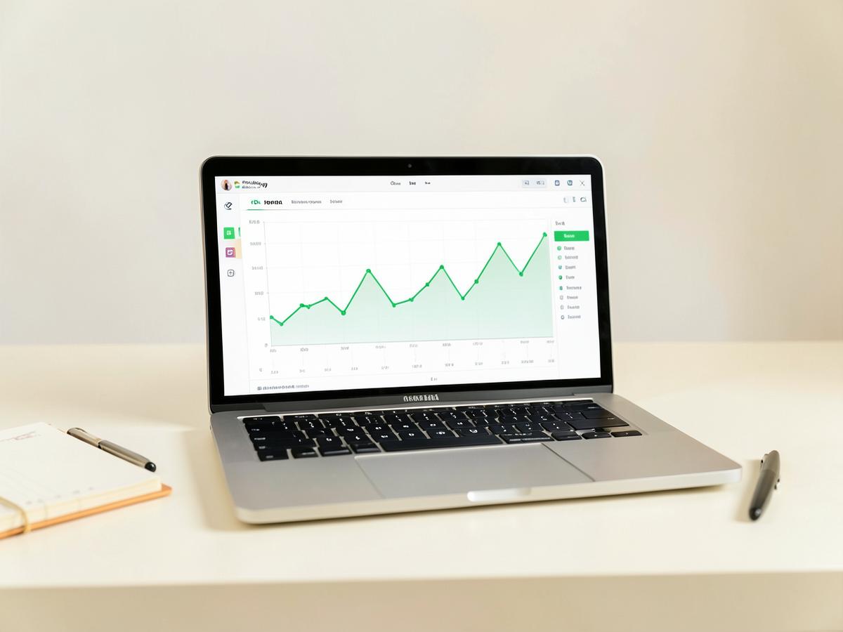 Laptop showing a simple analytics dashboard with a rising green line